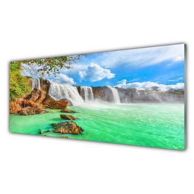 Image sur verre acrylique Chute d'eau lac paysage bleu brun blanc vert