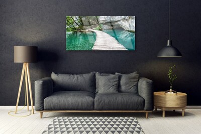 Image sur verre acrylique Pont lac architecture blanc bleu