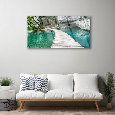Image sur verre acrylique Pont lac architecture blanc bleu