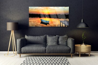 Image sur verre acrylique Bateau pont lac paysage blanc gris jaune noir