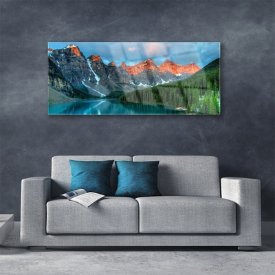 Image sur verre acrylique Montagnes forêt lac paysage bleu vert gris jaune