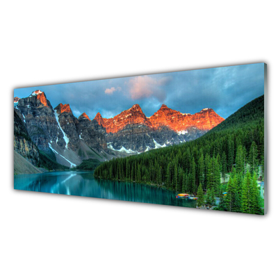 Image sur verre acrylique Montagnes forêt lac paysage bleu vert gris jaune