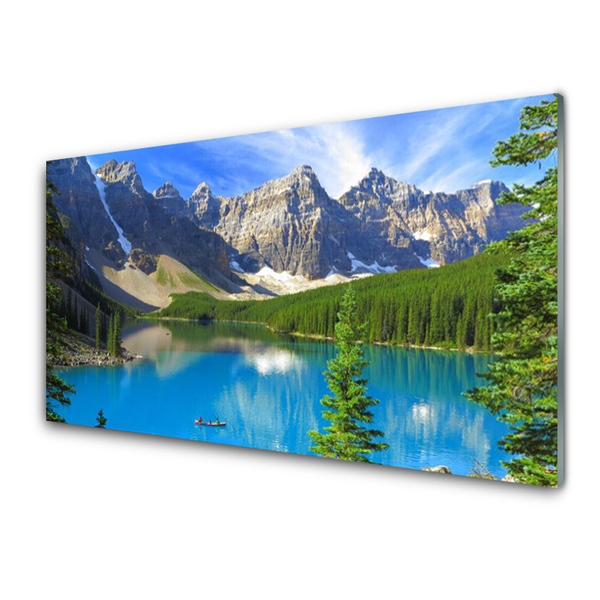 Image sur verre acrylique Lac montagnes forêt paysage bleu vert gris blanc
