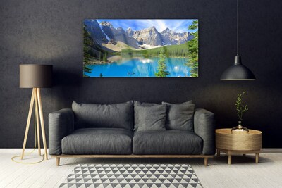 Image sur verre acrylique Lac montagnes forêt paysage bleu vert gris blanc