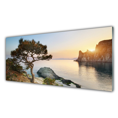 Image sur verre acrylique Arbre lac paysage bleu brun vert