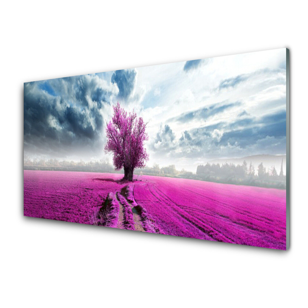 Image sur verre acrylique Prairie arbre nature rose bleu blanc