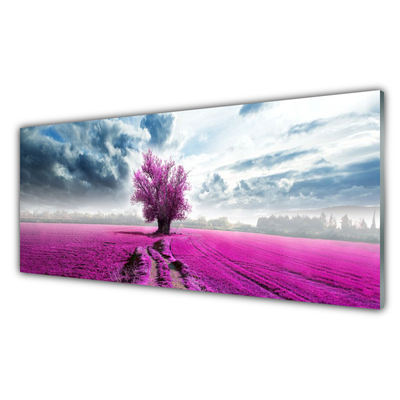 Image sur verre acrylique Prairie arbre nature rose bleu blanc