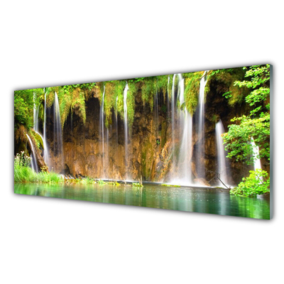 Image sur verre acrylique Chute d'eau lac nature brun vert blanc bleu