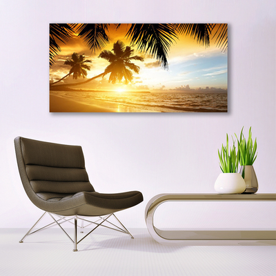 Image sur verre acrylique Mer plage palmiers paysage jaune noir bleu