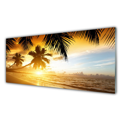 Image sur verre acrylique Mer plage palmiers paysage jaune noir bleu