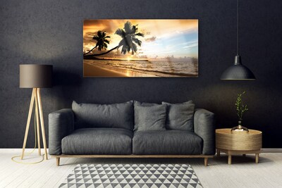 Image sur verre acrylique Palmiers plage mer paysage jaune noir bleu