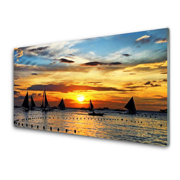 Image sur verre acrylique Bateaux mer soleil paysage bleu jaune noir gris