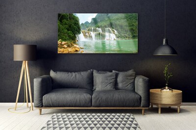 Image sur verre acrylique Forêt chute d'eau paysage brun vert blanc bleu