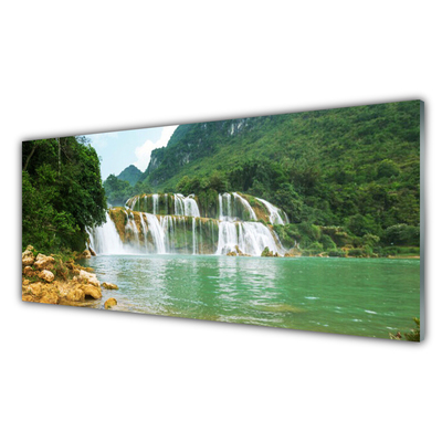 Image sur verre acrylique Forêt chute d'eau paysage brun vert blanc bleu