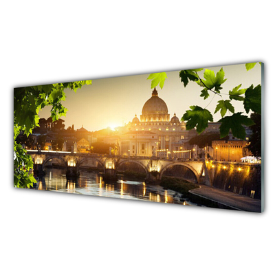 Image sur verre acrylique Pont ville feuilles architecture vert jaune brun
