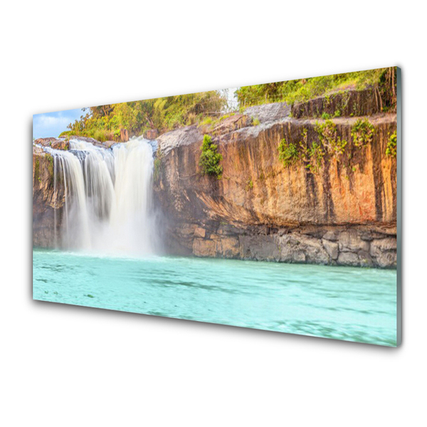 Image sur verre acrylique Chute d'eau lac paysage bleu blanc brun vert
