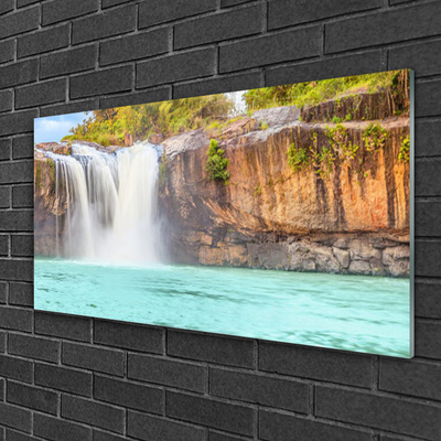 Image sur verre acrylique Chute d'eau lac paysage bleu blanc brun vert
