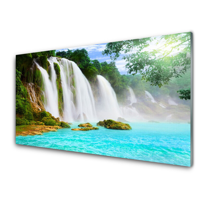 Image sur verre acrylique Chute d'eau lac nature bleu blanc brun vert