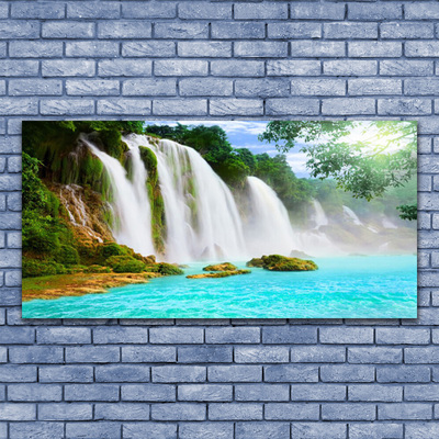 Image sur verre acrylique Chute d'eau lac nature bleu blanc brun vert