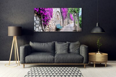 Image sur verre acrylique Ruelle banc architecture gris bleu rose brun