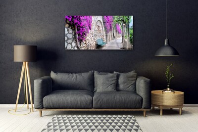 Image sur verre acrylique Ruelle banc architecture gris bleu rose brun