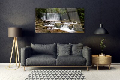 Image sur verre acrylique Forêt chute d'eau nature blanc gris brun vert