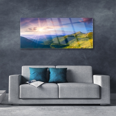 Image sur verre acrylique Montagnes prairie soleil paysage jaune gris vert violet