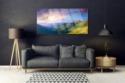 Image sur verre acrylique Montagnes prairie soleil paysage jaune gris vert violet