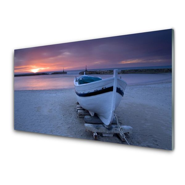 Image sur verre acrylique Bateau mer plage soleil paysage blanc noir jaune gris