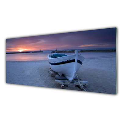Image sur verre acrylique Bateau mer plage soleil paysage blanc noir jaune gris