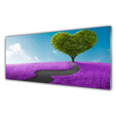 Image sur verre acrylique Prairie arbre sentier nature rose gris vert