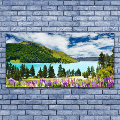 Image sur verre acrylique Montagnes lac prairie forêt paysage vert bleu violet rose