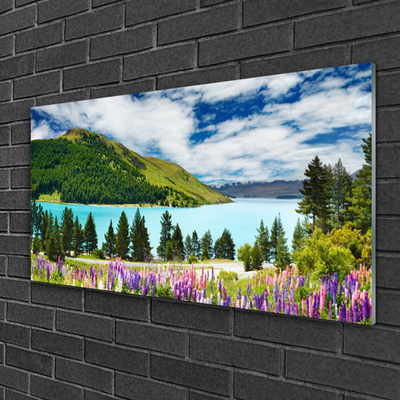 Image sur verre acrylique Montagnes lac prairie forêt paysage vert bleu violet rose