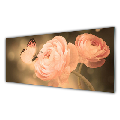 Image sur verre acrylique Roses papillon nature beige