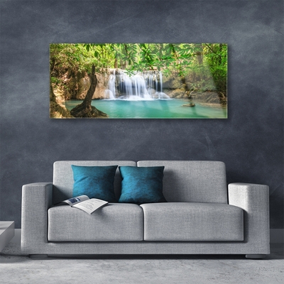 Image sur verre acrylique Cascade lac forêt nature brun vert bleu blanc