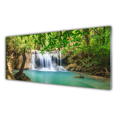 Image sur verre acrylique Cascade lac forêt nature brun vert bleu blanc