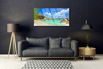 Image sur verre acrylique Plage pierres mer paysage blanc bleu brun