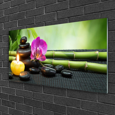 Image sur verre acrylique Pierres fleurs bambou bougie art vert rose noir jaune
