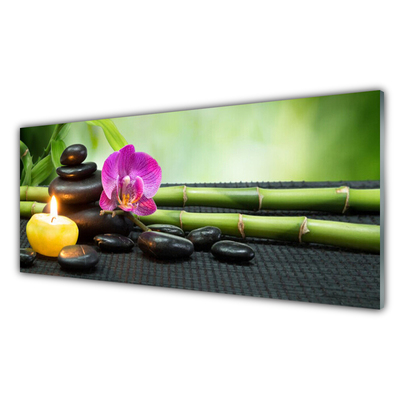 Image sur verre acrylique Pierres fleurs bambou bougie art vert rose noir jaune