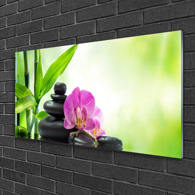 Image sur verre acrylique Pierres fleurs bambou floral vert noir rose