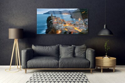 Image sur verre acrylique Ville océan paysage bleu gris jaune
