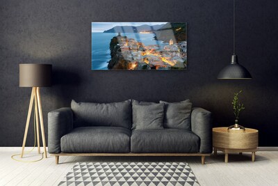 Image sur verre acrylique Ville océan paysage bleu gris jaune