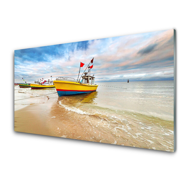 Image sur verre acrylique Bateaux mer plage paysage brun vert rouge bleu