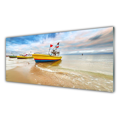 Image sur verre acrylique Bateaux mer plage paysage brun vert rouge bleu