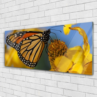 Image sur verre acrylique Fleur papillon nature noir blanc jaune