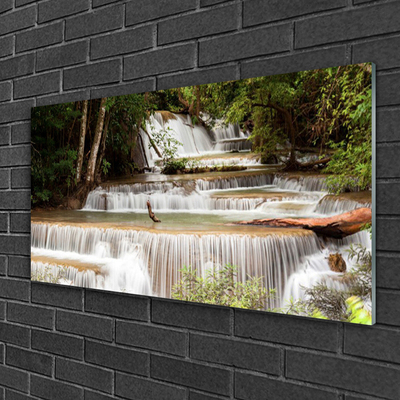 Image sur verre acrylique Forêt chute d'eau nature blanc brun vert