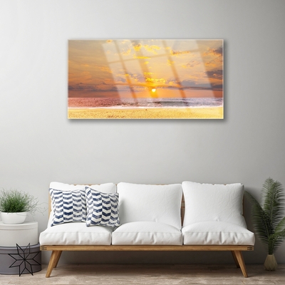 Image sur verre acrylique Soleil plage mer paysage bleu jaune brun