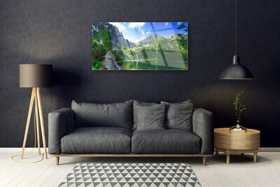 Image sur verre acrylique Montagne lac nature gris vert