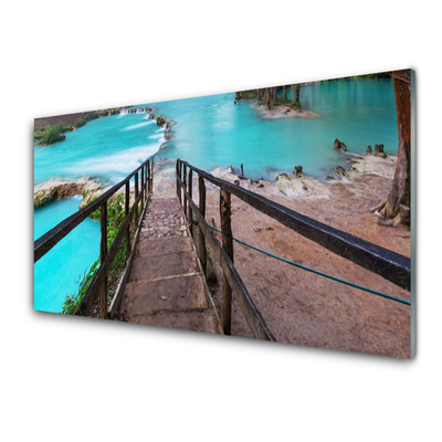 Image sur verre acrylique Escaliers lac architecture brun noir bleu