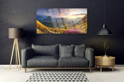 Image sur verre acrylique Montagnes prairie soleil paysage gris bleu jaune vert rouge